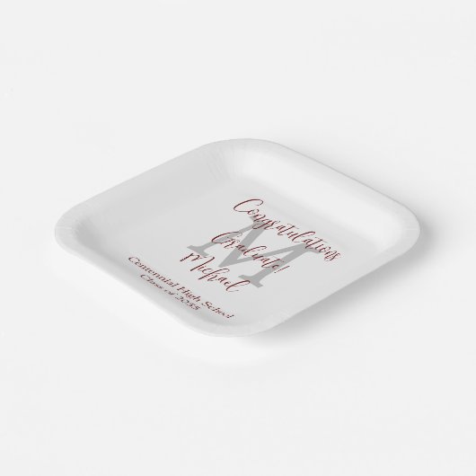 Assiettes En Carton Fête de graduation Blanc Grey Bourgogne Nom Monogr (Angulaire)