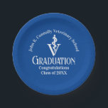 Assiettes En Carton Fête de graduation de l'école vétérinaire bleue pe<br><div class="desc">Cette plaque de papier de fin d'études en médecine vétérinaire bleue personnalisée moderne comporte le nom de diplômé du collège en élégant écriture blanche pour la classe de 2024. Customisez avec votre université sous la médecine vétérinaire pour un grand décor de remise de diplômes commémoratif pour un DVM.</div>
