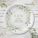 Assiettes En Carton Fête de la Gold Monogram Green Party<br><div class="desc">Avec ses délicats feuilles d'aquarelle,  cette plaque de papier botanique chic peut être personnalisée avec votre monogramme et message spécial. Parfait pour les mariages,  douches nuptiales,  baby showers,  baptêmes,  fêtes de fiançailles,  fêtes d'anniversaire et rencontres d'anniversaire. Conçu par Thisisnotme©</div>