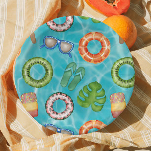 Assiettes En Carton Fête de la Piscine Bleue Tropicale Anniversaire