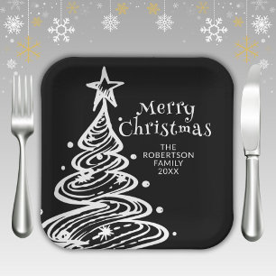 Assiettes En Carton Fête de l'arbre de Noël noir et blanc
