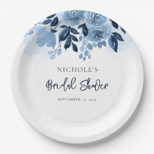 Assiettes En Carton Fête de mariage à l'aquarelle bleu poussiéreux flo