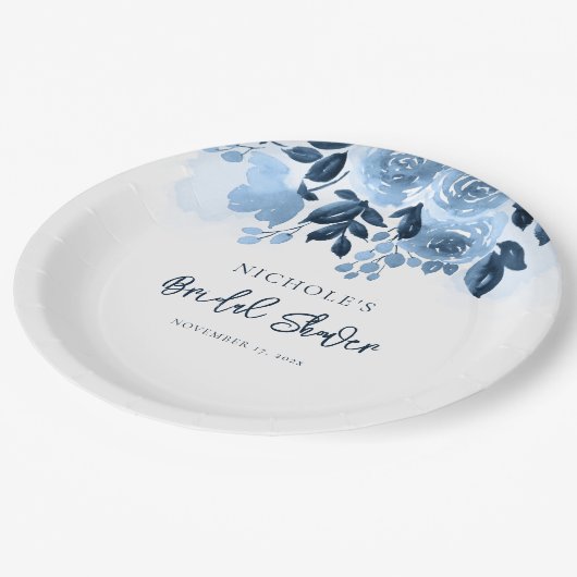 Assiettes En Carton Fête de mariage aquarelle bleu poussiéreux floral (Angle)