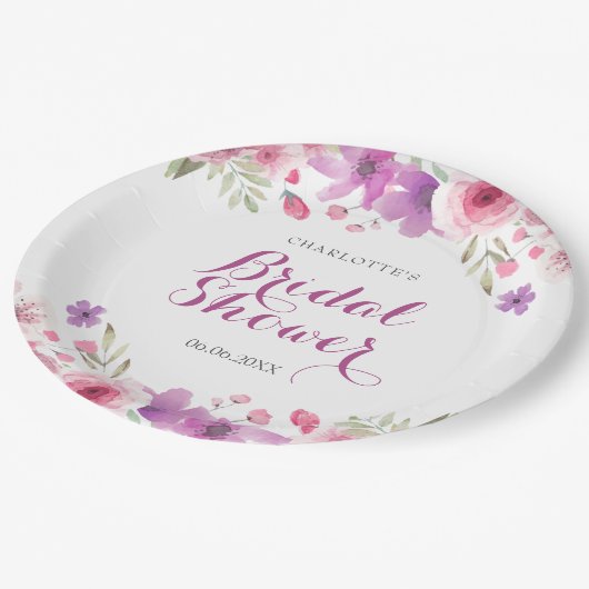 Assiettes En Carton Fête de mariage floral aux roses aquarelles (Angle)