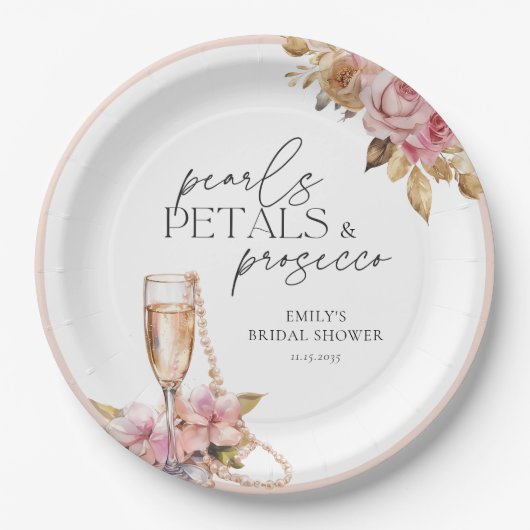 Assiettes En Carton Fête de mariage floral Perles Pétales & Prosecco (Devant)