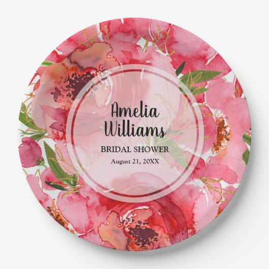 Assiettes En Carton Fête de mariage floral rose aquarelle (Devant)
