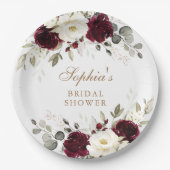 Assiettes En Carton Fête de Mariage Florale Bourgogne Blanc Verdure Or (Devant)