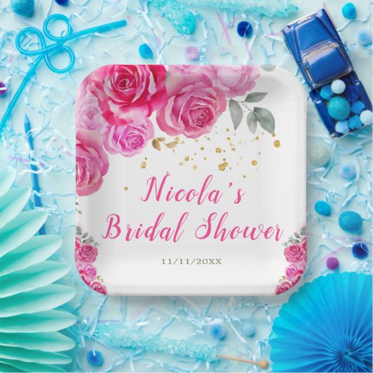 Assiettes En Carton Fête de mariage Florale Rose Chaud (Fête)