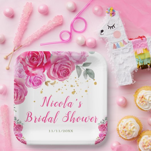 Assiettes En Carton Fête de mariage Florale Rose Chaud (Fête)