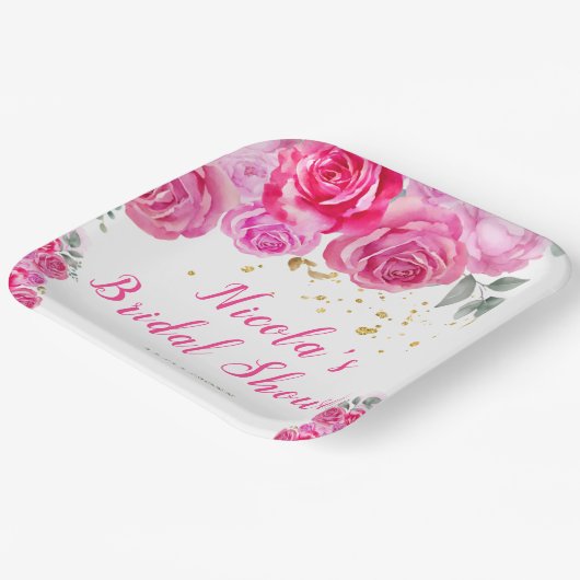 Assiettes En Carton Fête de mariage Florale Rose Chaud (Angulaire)