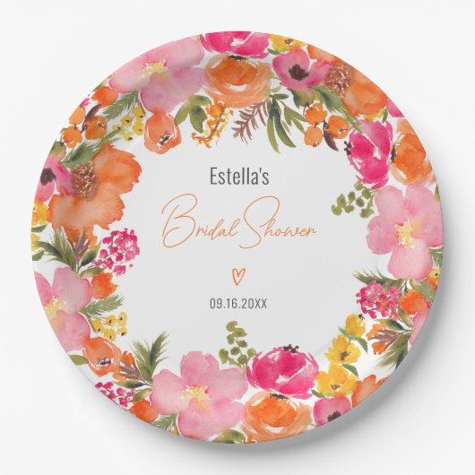 Assiettes En Carton Fête de mariage moderne avec fleurs roses et écrit (Devant)