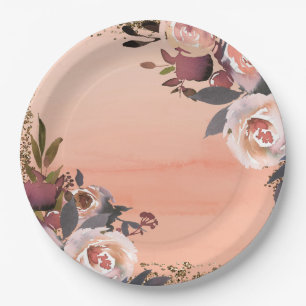 Assiettes En Carton Fête de mariage moderne florale pailletée pêche et