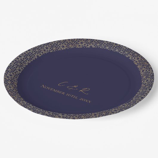 Assiettes En Carton Fête de mariage Monogram Marine Gold Design (Angle)