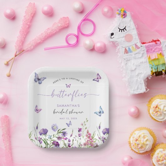 Assiettes En Carton Fête de mariage papillons modernes fleurs violette (Fête)