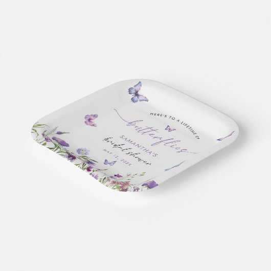 Assiettes En Carton Fête de mariage papillons modernes fleurs violette (Angulaire)