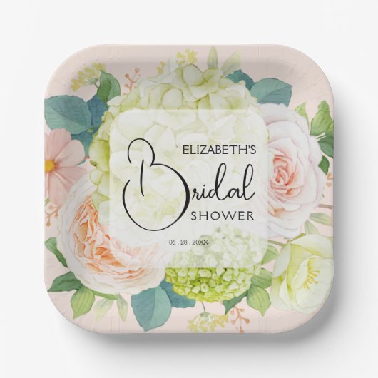 Assiettes En Carton Fête de mariage rose poudré aux fleurs aquarelles (Recto)