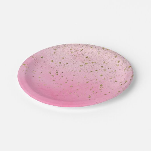 Assiettes En Carton Fête de mariage rose poudré et paillettes dorées (Angle)