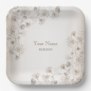 Assiettes En Carton Fête de mariage Tan Floral Heart Beige Élégant