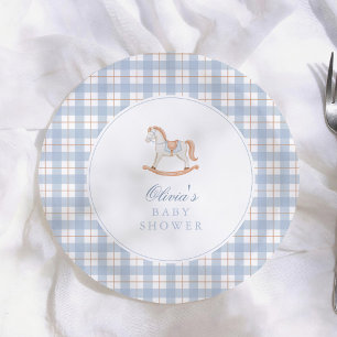Assiettes En Carton Fête de naissance Cheval à Bascule Gingham Bleu Vi