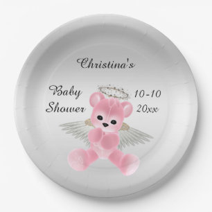 Assiettes En Carton Fête de naissance d'un bébé fille Ourson Ange Rose