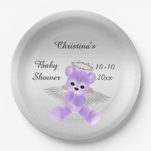 Assiettes En Carton Fête de naissance Fille / Garçon Ourson Ange Lilas