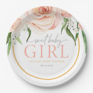 Assiettes En Carton Fête de Naissance Fille Rose Pâle Jardin de Rêve
