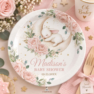 Assiettes En Carton Fête de naissance florale Lapin Rose Pâle Lune