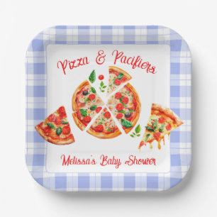 Assiettes En Carton Fête de naissance garçon bleu à carreaux Pizza et