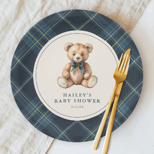 Assiettes En Carton Fête de naissance ourson en tartan bleu vintage