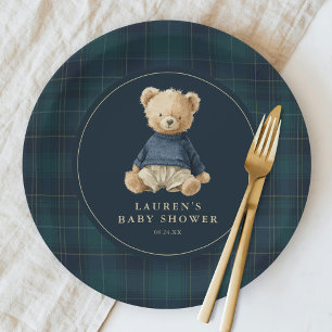 Assiettes En Carton Fête de naissance ourson Polo tartan vert-bleu