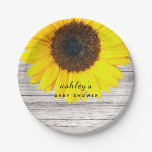 Assiettes En Carton Fête de Naissance Tournesol en Bois Rustique Perso