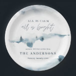 Assiettes En Carton Fête de noël bleu minimal de la forêt d'aquarelles<br><div class="desc">Aquarelle forêt minimaliste personnalisée plaque de papier de fête de Noël. Elégant design bleu et blanc hiver. Faisant partie d'une collection de vacances moderne et minimale.</div>