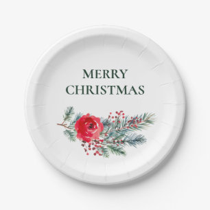 Assiettes En Carton Fête de Noël florale aquarelle rustique