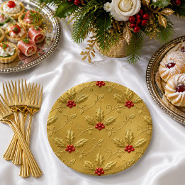 Assiettes En Carton Fête de Noël Luxe Or Élégant Houx