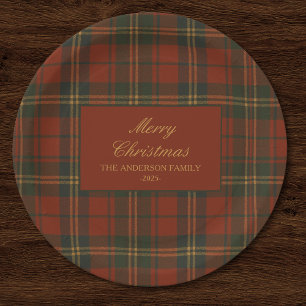 Assiettes En Carton Fête de Noël Vintage Carreaux Classique Intemporel