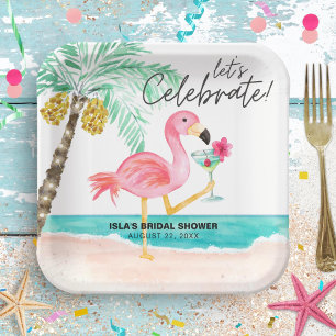 Assiettes En Carton Fête de plage flamant rose tropicale pour mariage