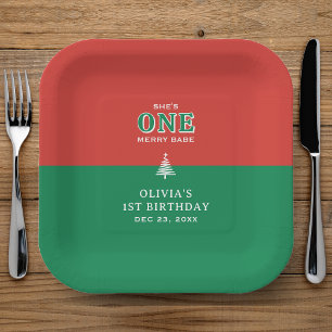 Assiettes En Carton Fête de premier anniversaire de Noël Rouge et Vert