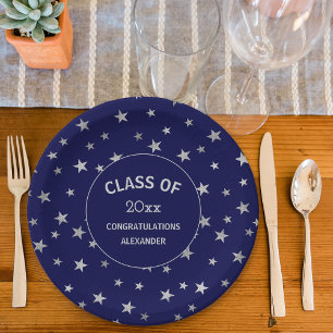 Assiettes En Carton Fête de remise de diplômes Marine blue et Silver S