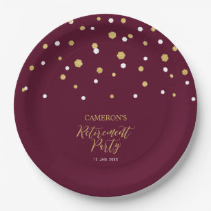 Assiettes En Carton Fête de retraite confetti rouge bordeaux et or chi