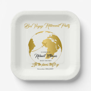 Assiettes En Carton Fête de Retraite Globe Bordure Dorée Bon Voyage