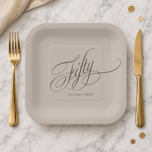 Assiettes En Carton Fête des 50 ans Calligraphie Marron Espresso sur T