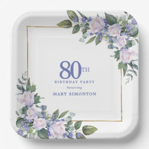 Assiettes En Carton Fête des 80 ans Rose Blanche Fleur Bleue Personnal