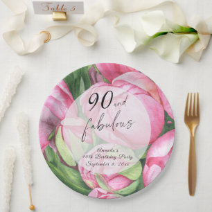 Assiettes En Carton Fête des 90 ans Pivoines roses