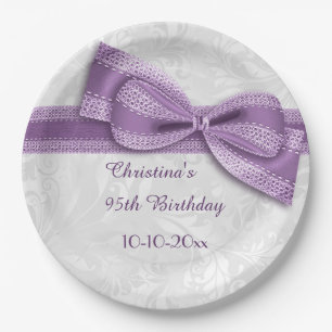 Assiettes En Carton Fête des 95 ans Damassé Violet et Nœud Papillon Fa
