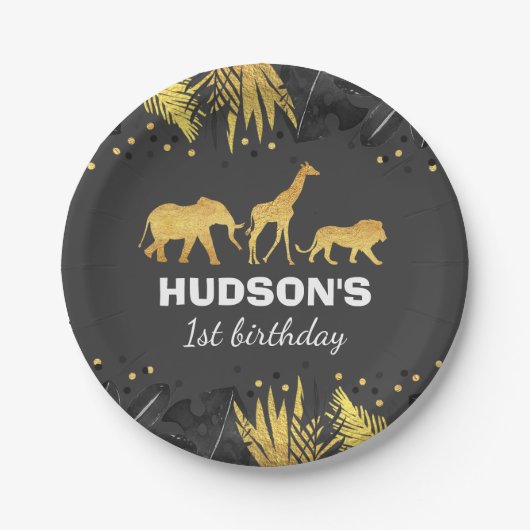 Assiettes En Carton Fête des animaux de la Jungle en feuilles sauvages (Devant)