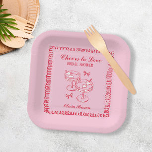 Assiettes En Carton Fête des mariées à main rose et rouge rétro