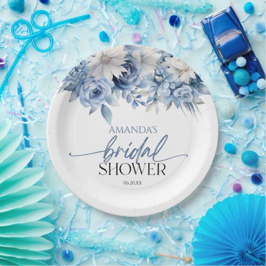 Assiettes En Carton Fête des mariées aux fleurs bleues poussiéreuses (Fête)