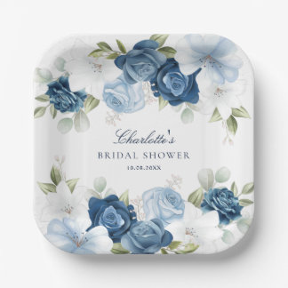 Assiettes En Carton Fête des mariées bleu Dusty Floral Aquarelle