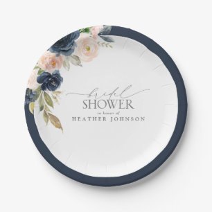 Assiettes En Carton Fête des mariées d'aquarelle florale bleu et bleu