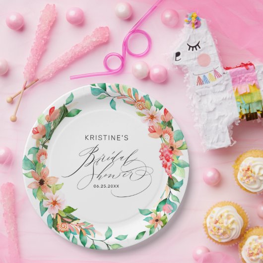 Assiettes En Carton Fête des mariées d'aquarelle tropicale rose (Fête)